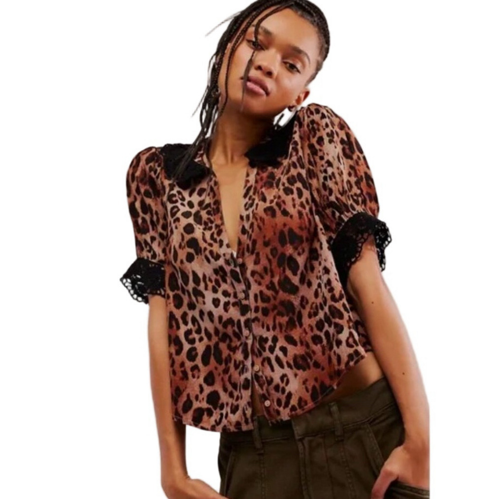 Free People My Love Printed Blouse. NWT. Leopard combo ($110) - xs